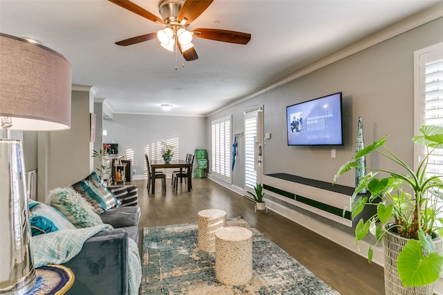 living room featuring crown molding, dark hardwood / wood-style flooring, and ceiling fan