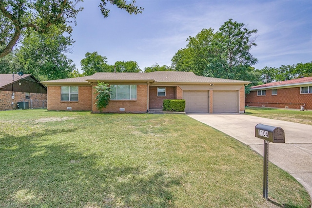 ranch-style house featuring a garage, brick siding, concrete driveway, crawl space, and a front lawn