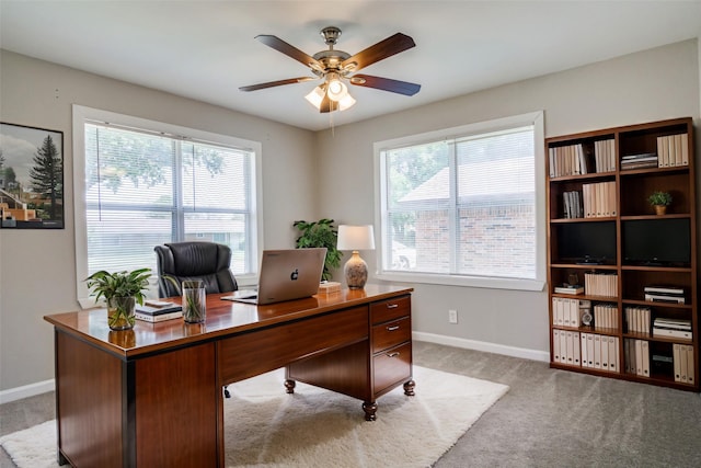 office featuring carpet floors, baseboards, and a ceiling fan