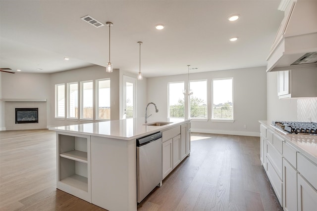 kitchen with a kitchen island with sink, light hardwood / wood-style flooring, custom range hood, sink, and appliances with stainless steel finishes