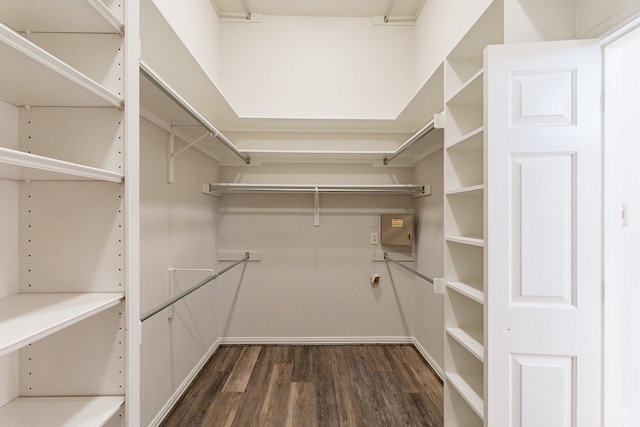 empty room with hardwood / wood-style floors and high vaulted ceiling