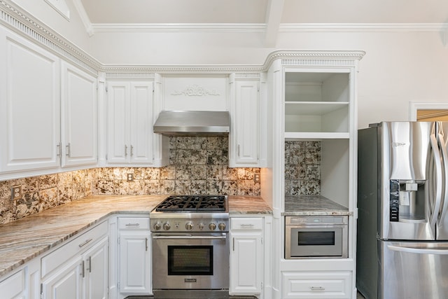 kitchen with stainless steel fridge with ice dispenser, white cabinetry, crown molding, tasteful backsplash, and hardwood / wood-style flooring