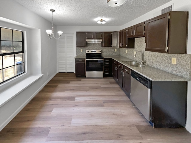 kitchen with sink, appliances with stainless steel finishes, tasteful backsplash, and light hardwood / wood-style floors