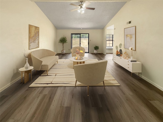 living room featuring high vaulted ceiling, a textured ceiling, ceiling fan, and hardwood / wood-style floors