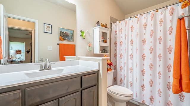 bathroom with curtained shower, vanity, and toilet