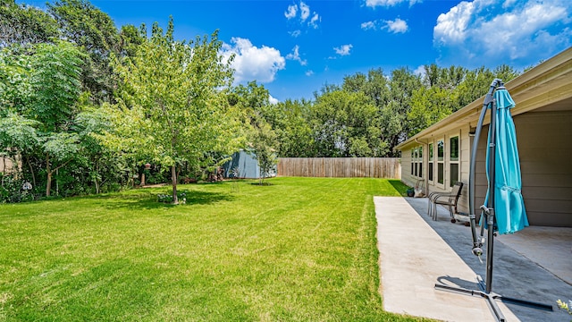 view of yard with a storage shed and a patio