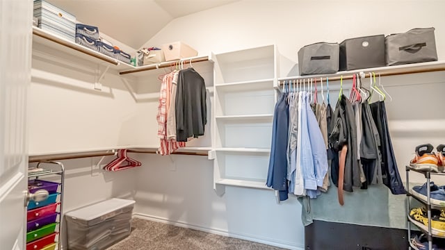 walk in closet featuring lofted ceiling and carpet