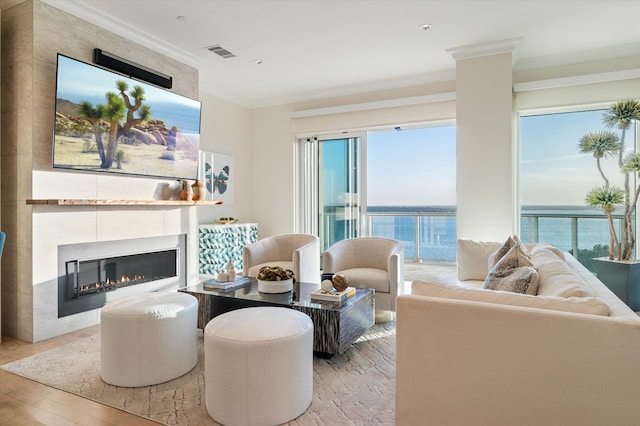 living room featuring a healthy amount of sunlight, a tiled fireplace, a water view, and light wood-type flooring