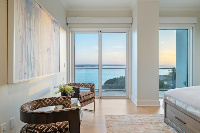 bedroom with access to outside, crown molding, light hardwood / wood-style flooring, and a water view