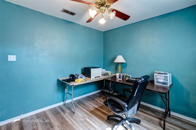 office space featuring ceiling fan and wood-type flooring