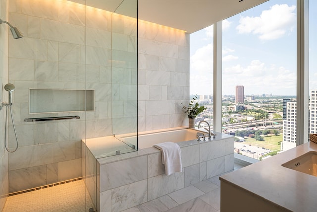 bathroom featuring a healthy amount of sunlight, separate shower and tub, sink, and tile walls