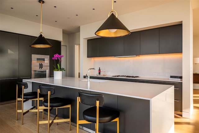 kitchen with a center island with sink, pendant lighting, sink, and light hardwood / wood-style floors