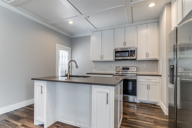 kitchen with white cabinets, sink, stainless steel appliances, and an island with sink