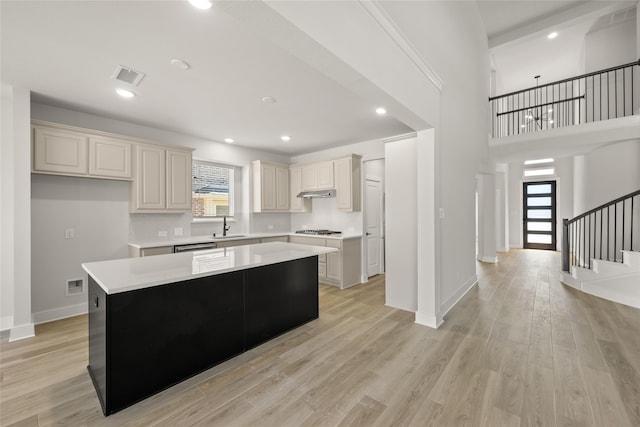 kitchen featuring light hardwood / wood-style flooring, sink, a healthy amount of sunlight, and a center island