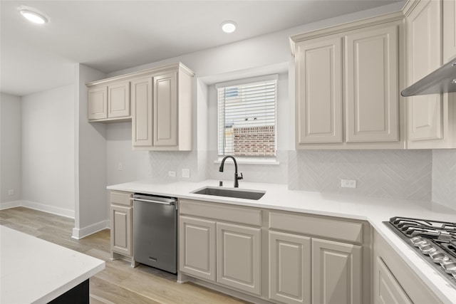 kitchen featuring stainless steel appliances, backsplash, light wood-type flooring, and sink