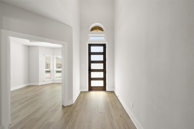 entryway with light hardwood / wood-style flooring and a towering ceiling