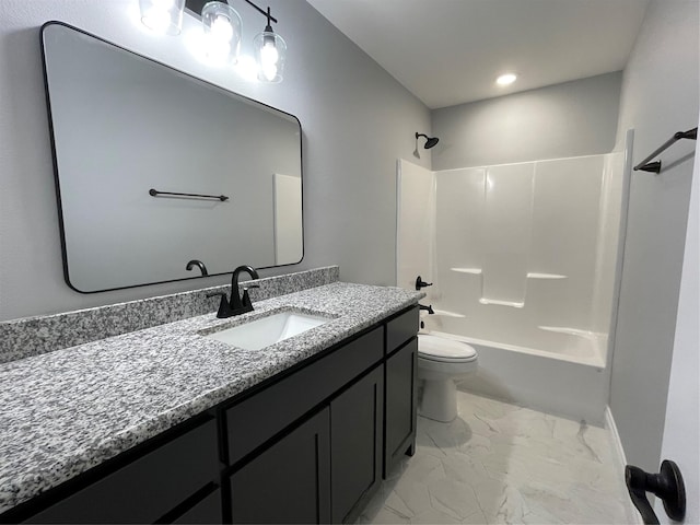 bathroom with marble finish floor, shower / bath combination, vanity, and toilet