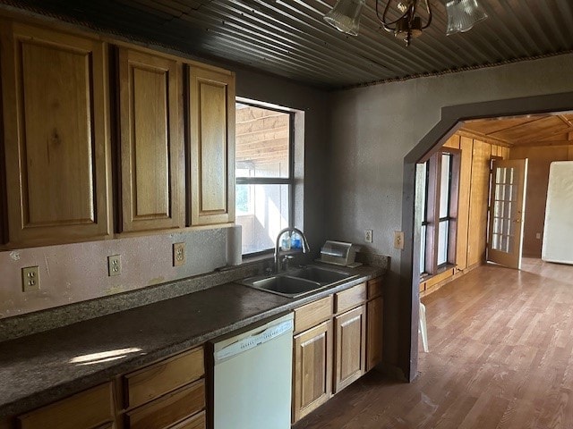 kitchen with sink, wooden walls, dark hardwood / wood-style floors, and white appliances