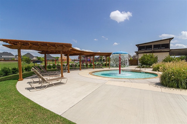 view of swimming pool featuring a pergola and a patio area