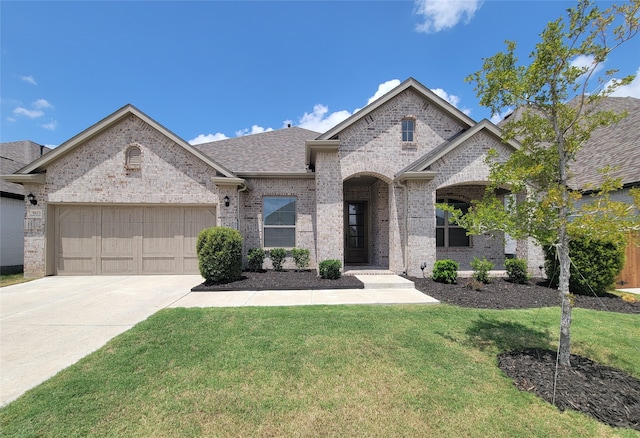 french country home featuring a garage and a front lawn