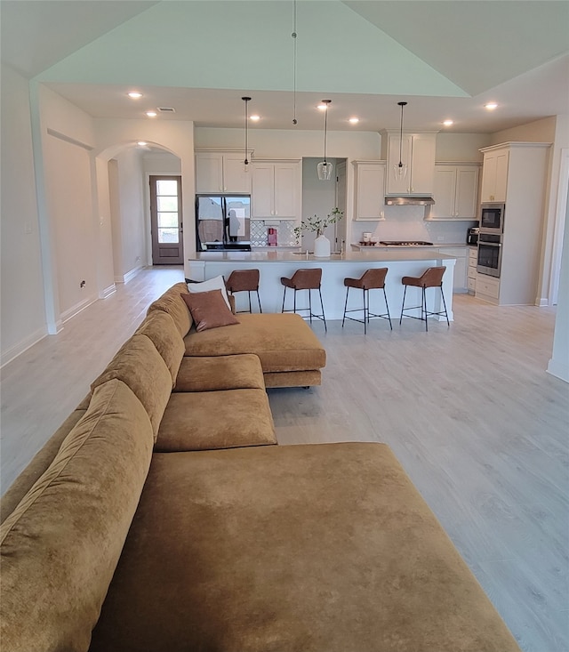 living room with vaulted ceiling and light hardwood / wood-style flooring