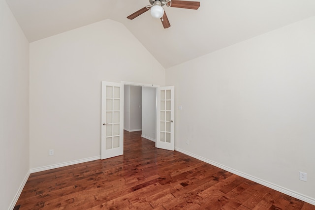 unfurnished room with french doors, wood-type flooring, ceiling fan, and high vaulted ceiling