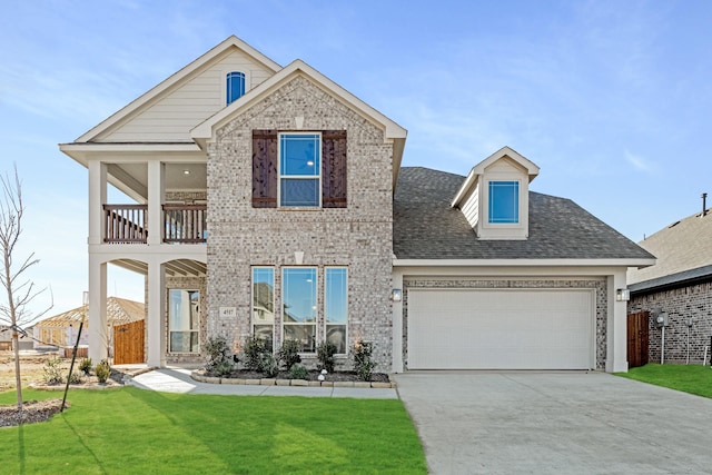 view of front of house featuring a balcony, a garage, and a front lawn