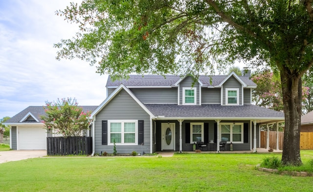 view of front of property featuring a garage, a porch, and a front yard