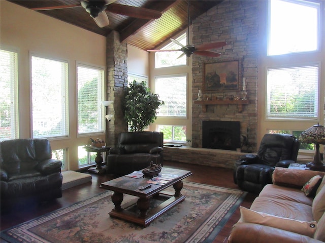 living room featuring beam ceiling, ceiling fan, high vaulted ceiling, wood-type flooring, and a fireplace