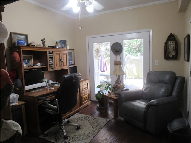 home office with ceiling fan, ornamental molding, and dark wood-type flooring