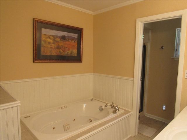 bathroom featuring a bathtub and ornamental molding