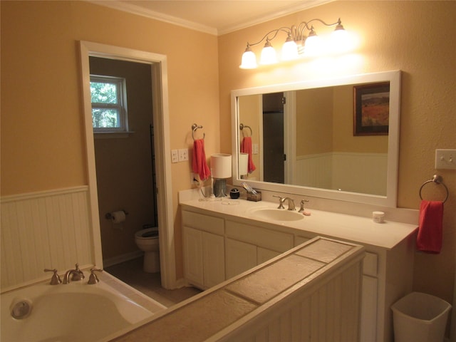 bathroom featuring toilet, vanity, and ornamental molding