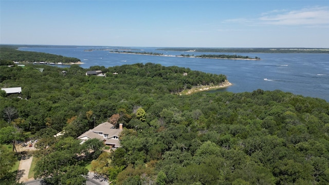 birds eye view of property with a forest view and a water view