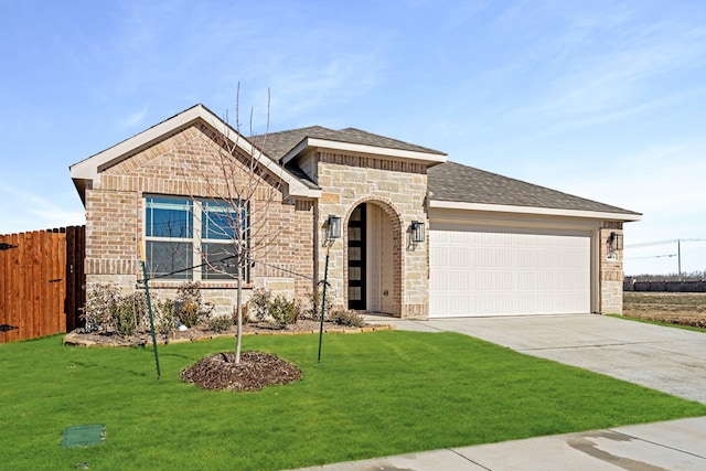 single story home featuring a garage and a front lawn