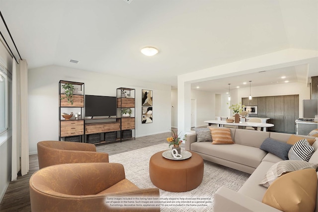 living room with wood-type flooring and vaulted ceiling