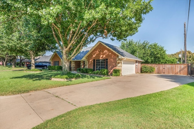 single story home featuring a garage and a front lawn