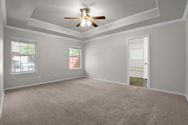 unfurnished room featuring carpet floors, ornamental molding, a raised ceiling, and ceiling fan