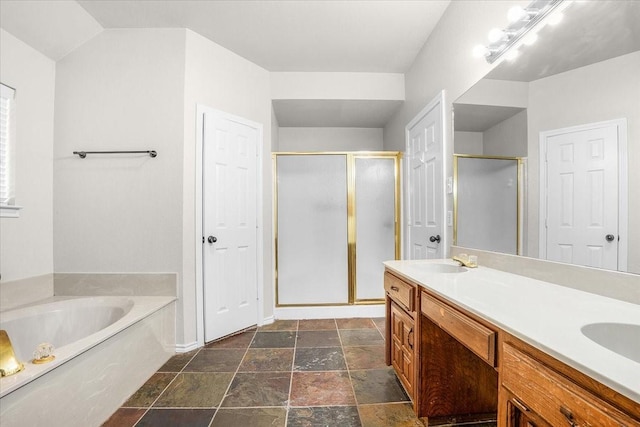 bathroom with shower with separate bathtub and vanity