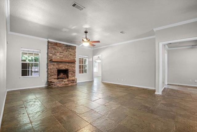 unfurnished living room with a brick fireplace, crown molding, a textured ceiling, and ceiling fan