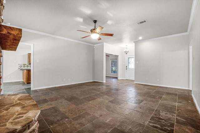 unfurnished living room with ceiling fan with notable chandelier and ornamental molding