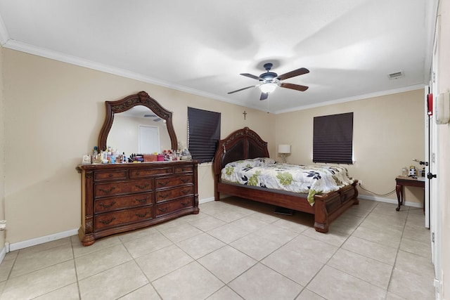 tiled bedroom featuring ornamental molding and ceiling fan