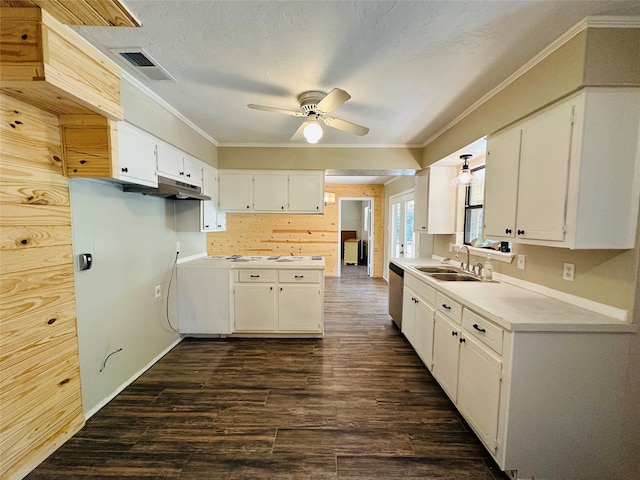 kitchen with stainless steel dishwasher, ceiling fan, white cabinets, sink, and dark hardwood / wood-style floors