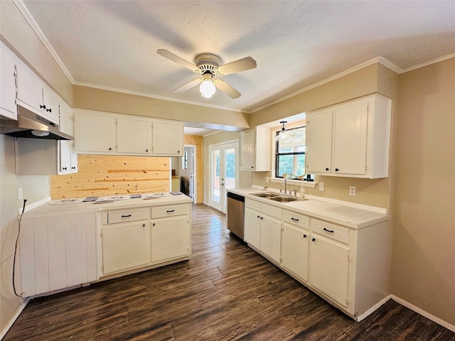 kitchen featuring sink, dark hardwood / wood-style flooring, decorative backsplash, and ceiling fan