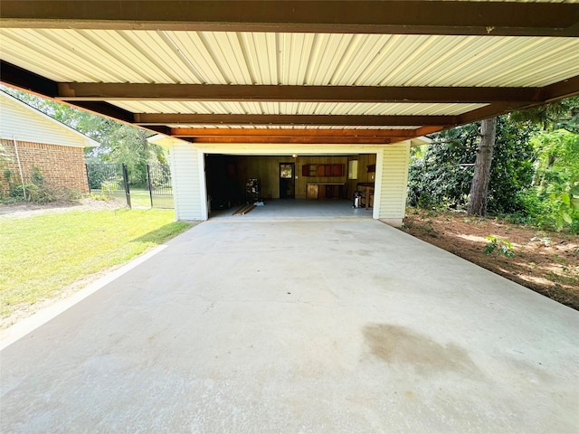 view of patio featuring a garage