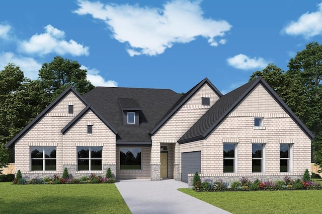 view of front of property featuring concrete driveway, stone siding, an attached garage, and a front yard