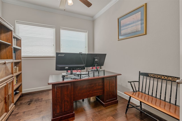 home office with ornamental molding, ceiling fan, and dark hardwood / wood-style floors