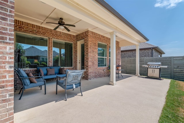 view of patio with ceiling fan, an outdoor hangout area, and a grill