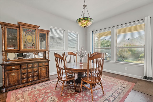 dining space with wood-type flooring