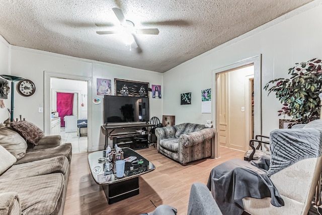 living room featuring hardwood / wood-style flooring, ceiling fan, and a textured ceiling