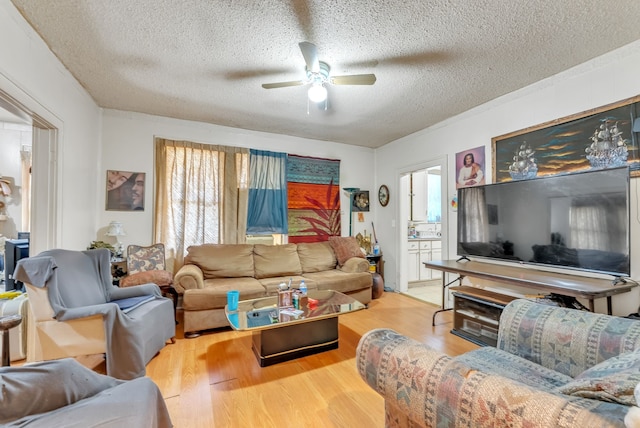 living room featuring ceiling fan, a textured ceiling, and light hardwood / wood-style floors